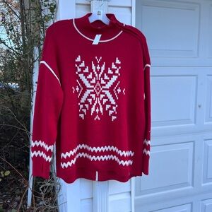 NWT Talbots Cozy Red White Snowflake Zip Neck “Thermolite”  Sweater